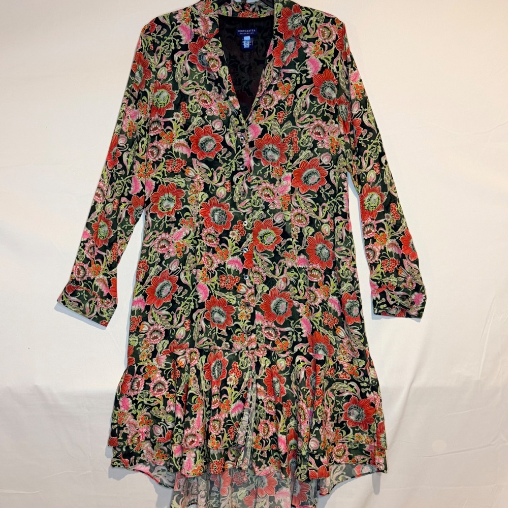 Doncaster Collection Floral Ruffle High Low Shirt Dress 14P Pink Red Green